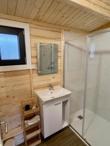 a bathroom with a sink and a shower and a television at Chalet neuf proche des stations de ski in Saint-Pons