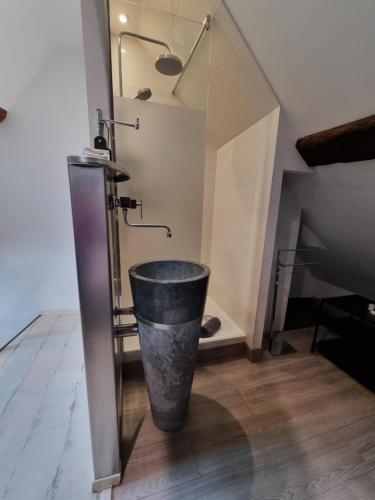 a bathroom with a bucket on the floor and a shower at La Maison de Maurice in Beaune