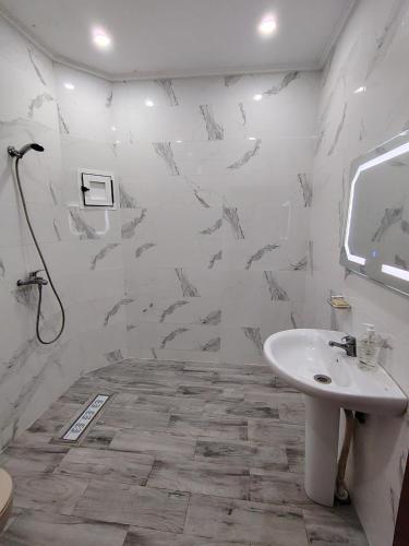 a bathroom with a sink and a shark patterned wall at Villa Perle Bleu in Saïdia