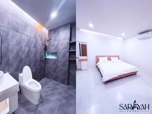 a bathroom with a bed and a shower and a toilet at Sarayah Phuket Pool Villa in Phuket