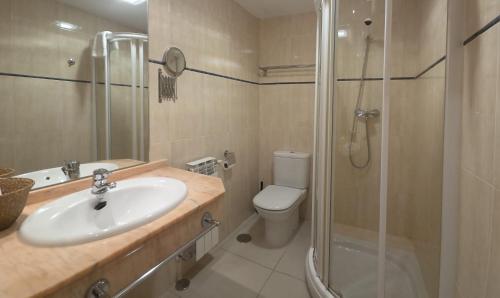 a bathroom with a sink and a shower and a toilet at Apartamentos Monte Hernanz in Riaza