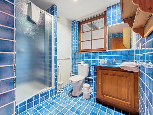 a blue tiled bathroom with a toilet and a shower at Les Perles du Ried - Gîte 7 - 15mn Europapark - Proche Strasbourg Colmar in Boofzheim