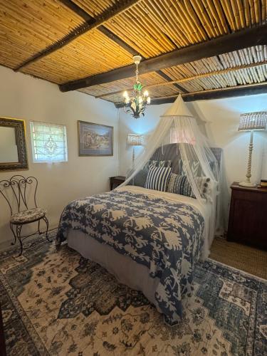 a bedroom with a bed and a chandelier at Daniel's Kraal Guest Farm in Calitzdorp