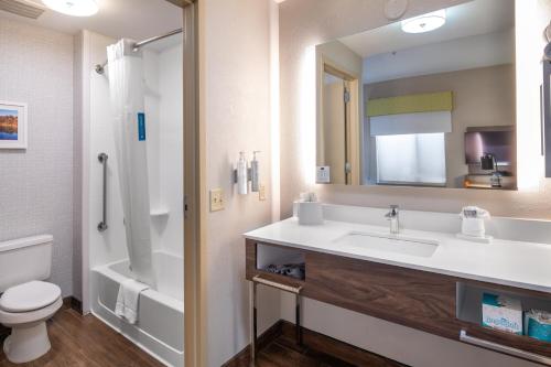 a bathroom with a sink and a toilet and a mirror at Newly Renovated Hampton Inn Omaha West Lakeside in Lane