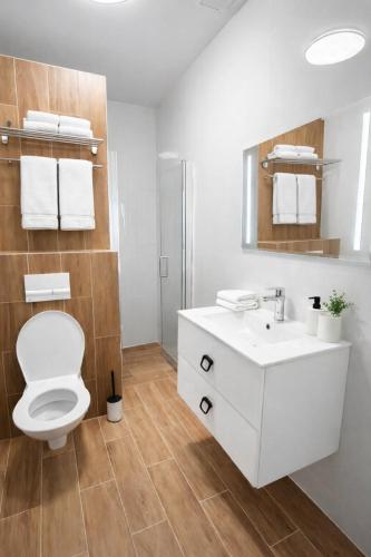 a white bathroom with a toilet and a sink at Hangot Apartments in Repisko