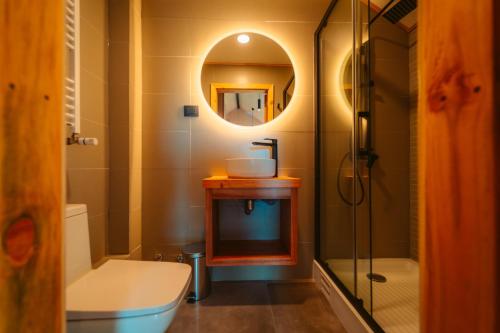 a bathroom with a sink and a toilet and a mirror at Tungulú - Hotel Boutique & Cabañas in Puerto Montt
