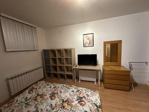 a bedroom with a bed and a desk with a television at Borealis Apartment in Bansko