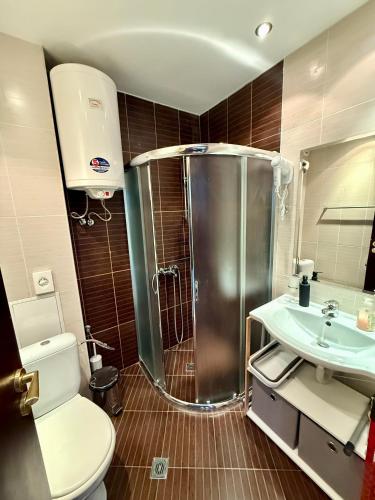 a bathroom with a shower and a toilet and a sink at Panorama Studio Home2Host in Bansko