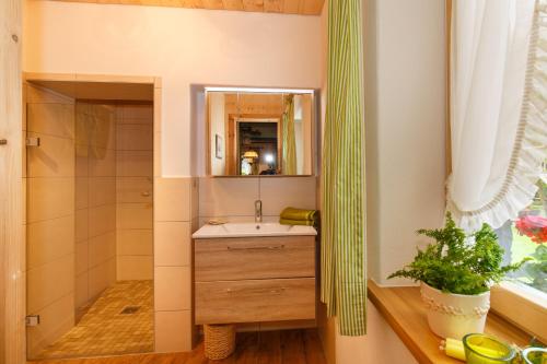 a bathroom with a sink and a mirror at Ferienhaus Hallweger inkl. Chiemgaukarte in Ruhpolding
