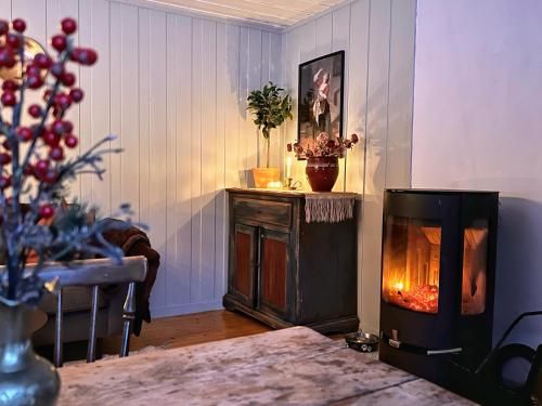 a living room with a fireplace and a christmas tree at Veslekoia - Grandmas Cabin in Øksna