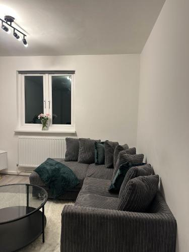 a living room with a couch and a glass table at Leiecster Home in Wellington