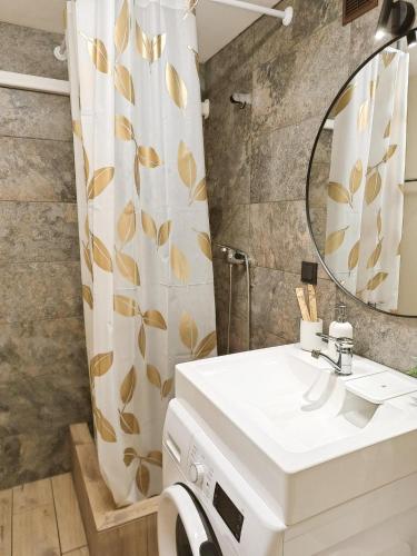 a bathroom with a sink and a mirror at Dunes Trail 3 in Melnragė