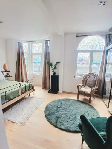 a living room with a bed and a rug at Mi casa es su casa in Ghent