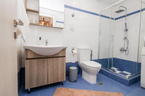 a bathroom with a sink and a toilet and a shower at Via Basta in Koroni