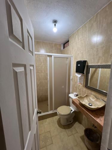a bathroom with a toilet and a sink and a shower at Calli Hotel Tepoztlán in Tepoztlán