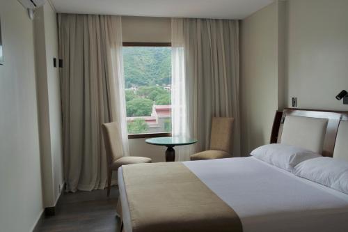a hotel room with a bed and a window at Hotel Almería in Salta