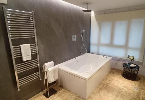 a large white tub in a bathroom with a shower at Casas Ordesa y Casa Altemir in Belsierre