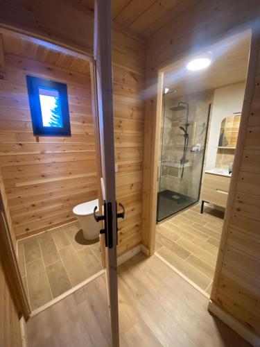 a wooden bathroom with a shower and a toilet at Le Chalet in Selonnet