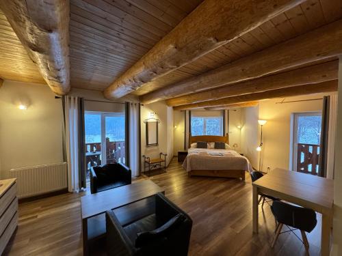 a bedroom with a bed and a desk in a room at Rezidence u Jezera in Jeseník
