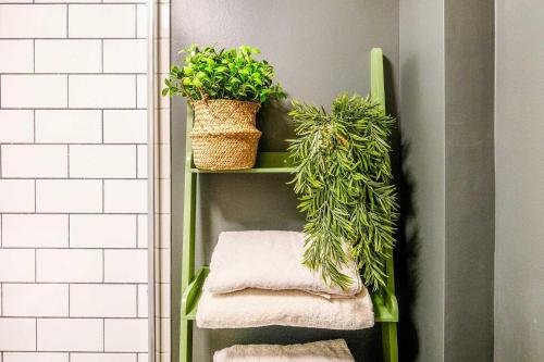 a green shelf with two potted plants and towels at West Pier Beach - by Brighton Holiday Lets in Brighton & Hove