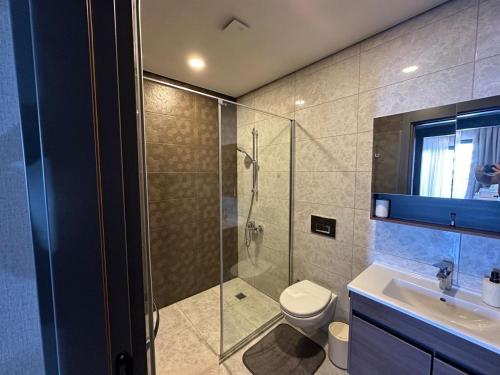 a bathroom with a shower and a toilet and a sink at Serenity Residence duplex in Alanya