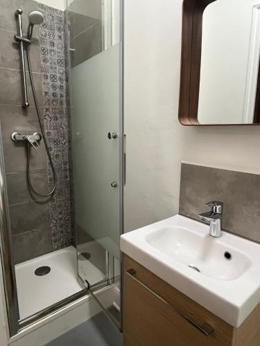 un bagno con lavandino e doccia di Les Sources Vichy a Vichy