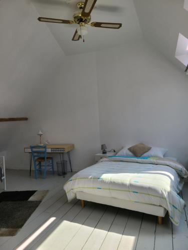 a bedroom with a bed and a ceiling fan at Le nid de Marceline in Lannion