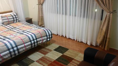 a bedroom with a bed and a window with a rug at Ntinda View Apartments in Kampala