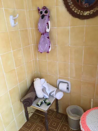 a bathroom with a table with toilet paper and a bear on the wall at Passarim Chalé in Monte Verde