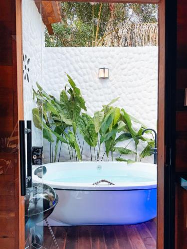 a bath tub in a room with a plant at Vilarejo in Belém