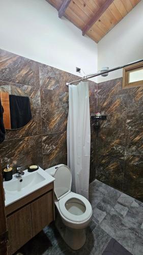 a bathroom with a toilet and a sink and a shower at Aitana Mágica in Copacabana