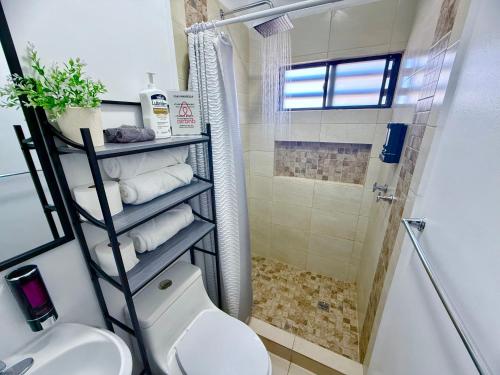 a bathroom with a white toilet and a shower at Casa Marsella Privada y Moderna 1 in Zaragoza