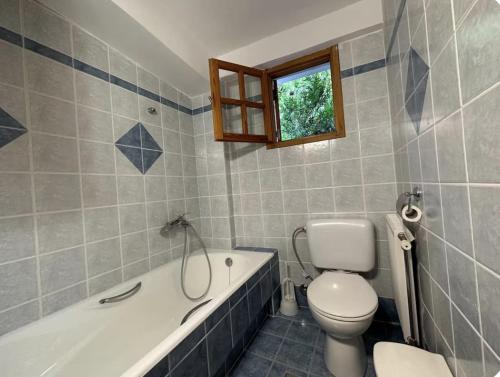 a bathroom with a toilet and a bath tub at Kofinas villa Evdilos by BRP-PROPERTIES in Evdilos