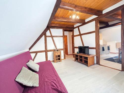 a living room with a purple couch and a tv at Duplex de Charme - Turckheim - Route des Vins in Turckheim