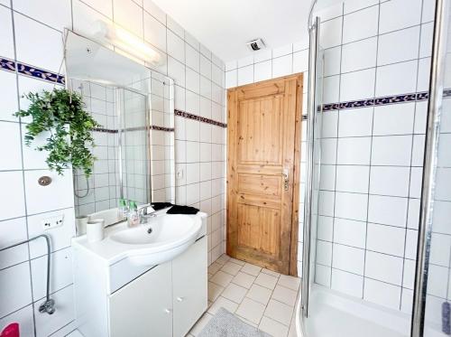 a bathroom with a sink and a shower at Duplex de Charme - Turckheim - Route des Vins in Turckheim