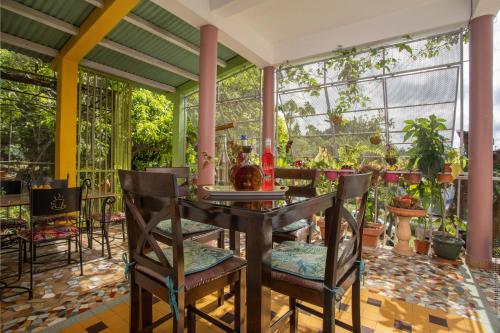 a patio with a table and chairs and plants at Villa Les Violettes in Morne-à-lʼEau