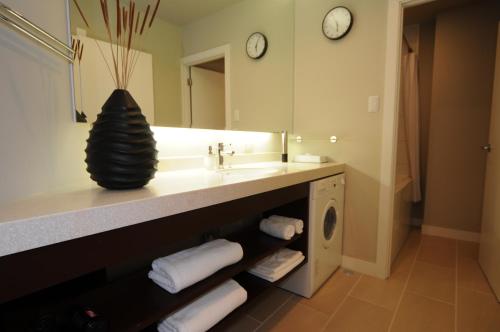 a bathroom with a sink and a large mirror at Fresh Powder Accommodation in Furano
