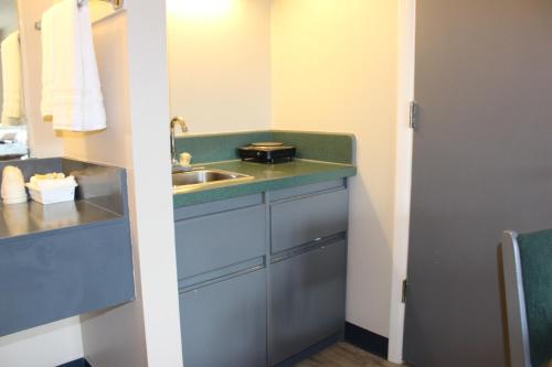 a small bathroom with a sink and a counter at Plains Motor Inn in Stettler