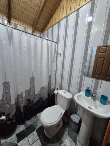 a bathroom with a toilet and a sink at Cabaña Nuevo Amanecer in San José de la Mariquina