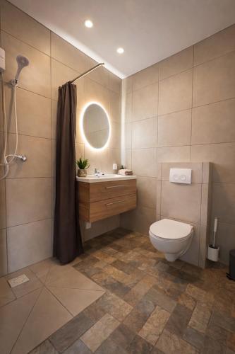 a bathroom with a toilet and a sink and a shower at Apartments Diva Flamingo in Barber