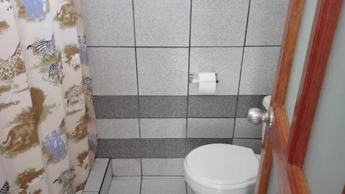 e bagno con servizi igienici e tenda per la doccia. di Posada Junco y Capuli a Huancayo