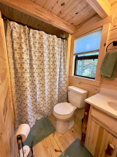 a small bathroom with a toilet and a sink at Cozy Coastal Cabin 2 in Steuben