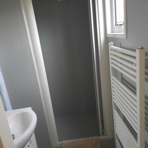 a bathroom with a shower and a toilet and a sink at Zeeotter AanZee in Biggekerke