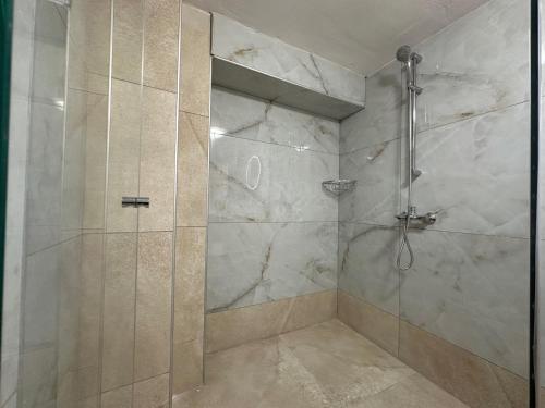 a shower with a glass door in a bathroom at Evdilos blue serenity by BRP-PROPERTIES in Evdilos