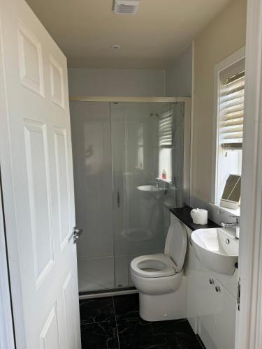a white bathroom with a toilet and a sink at Leagarth House in Baltasound