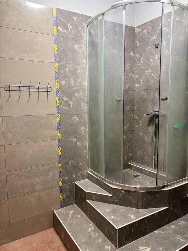 a shower stall with a mirror in a bathroom at Хостел Гора in Kharkiv
