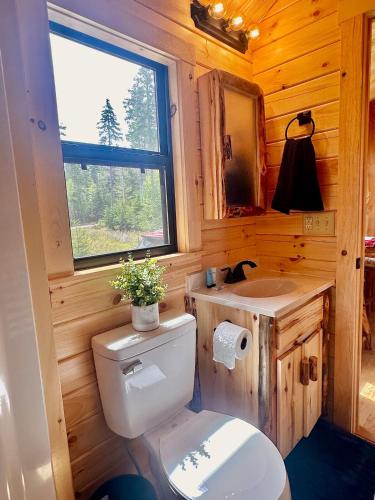 a bathroom with a toilet and a sink and a window at Oceanfront Sunset View Cabin in Milbridge