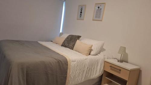 a bedroom with a bed and a night stand with a lamp at Apartamentos del campus in Manzone