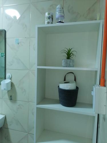 a bathroom with white shelves with a plant in a basket at Casa Lo Herrera in Isla de Maipo
