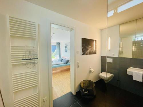 a bathroom with a toilet and a sink and a mirror at Ferienwohnung Daudi in Bad Dürrheim